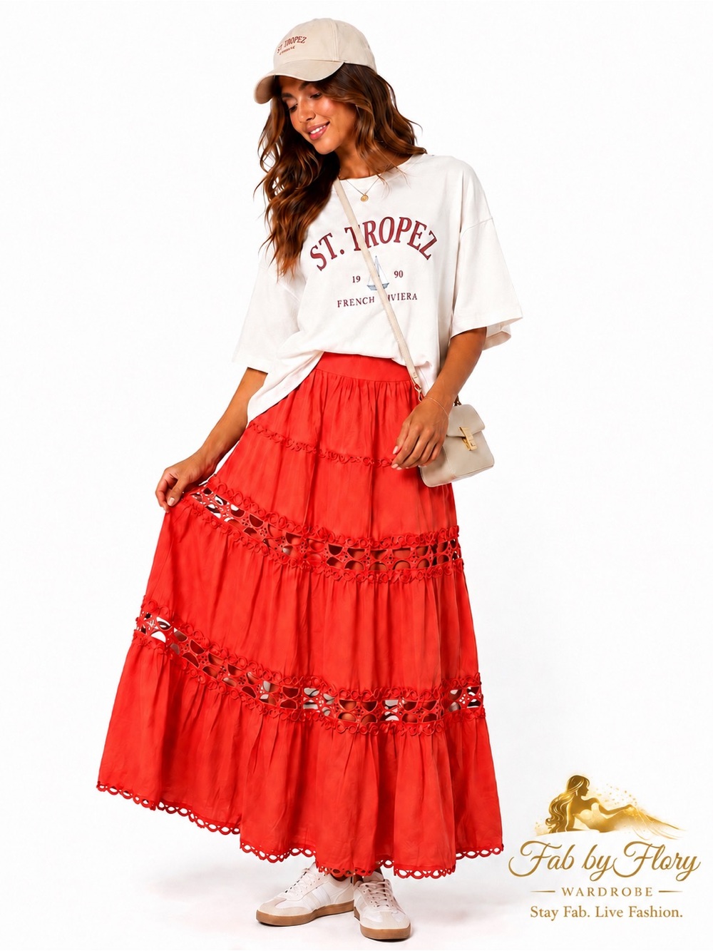 Tiered Maxi Skirt in Vibrant Coral-Red
